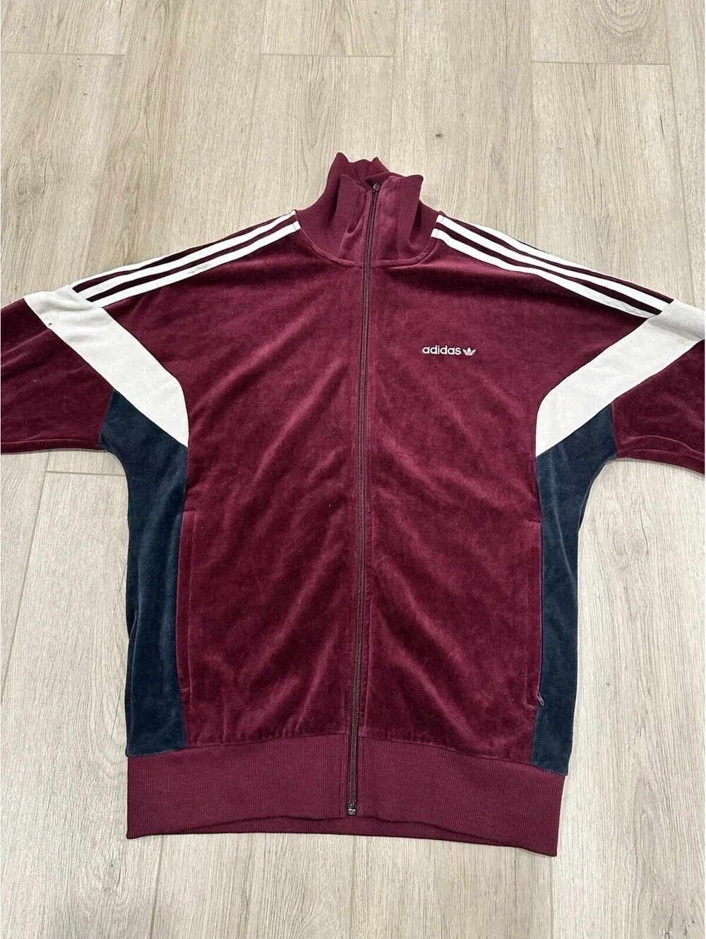 Retro Adidas Velour Tack Top Jacket Mens Medium Burgandy